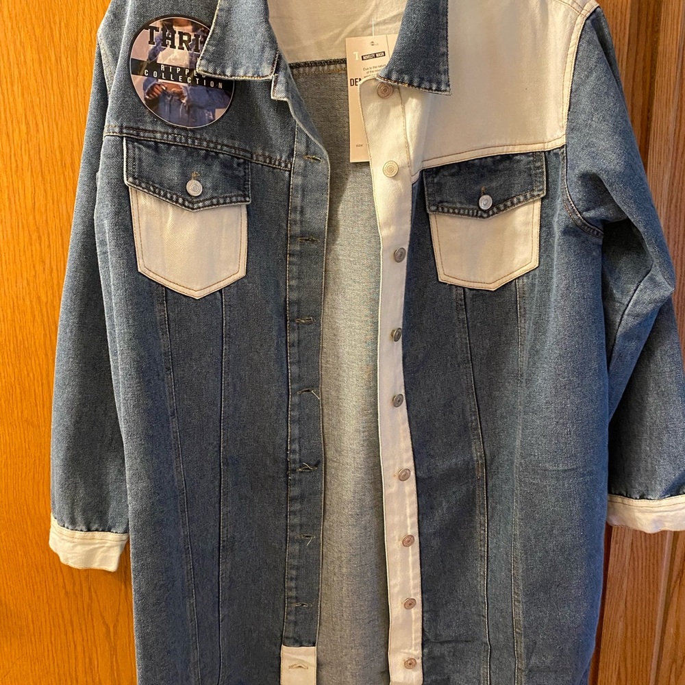 Denim and White Long Jeans Button Down Jacket